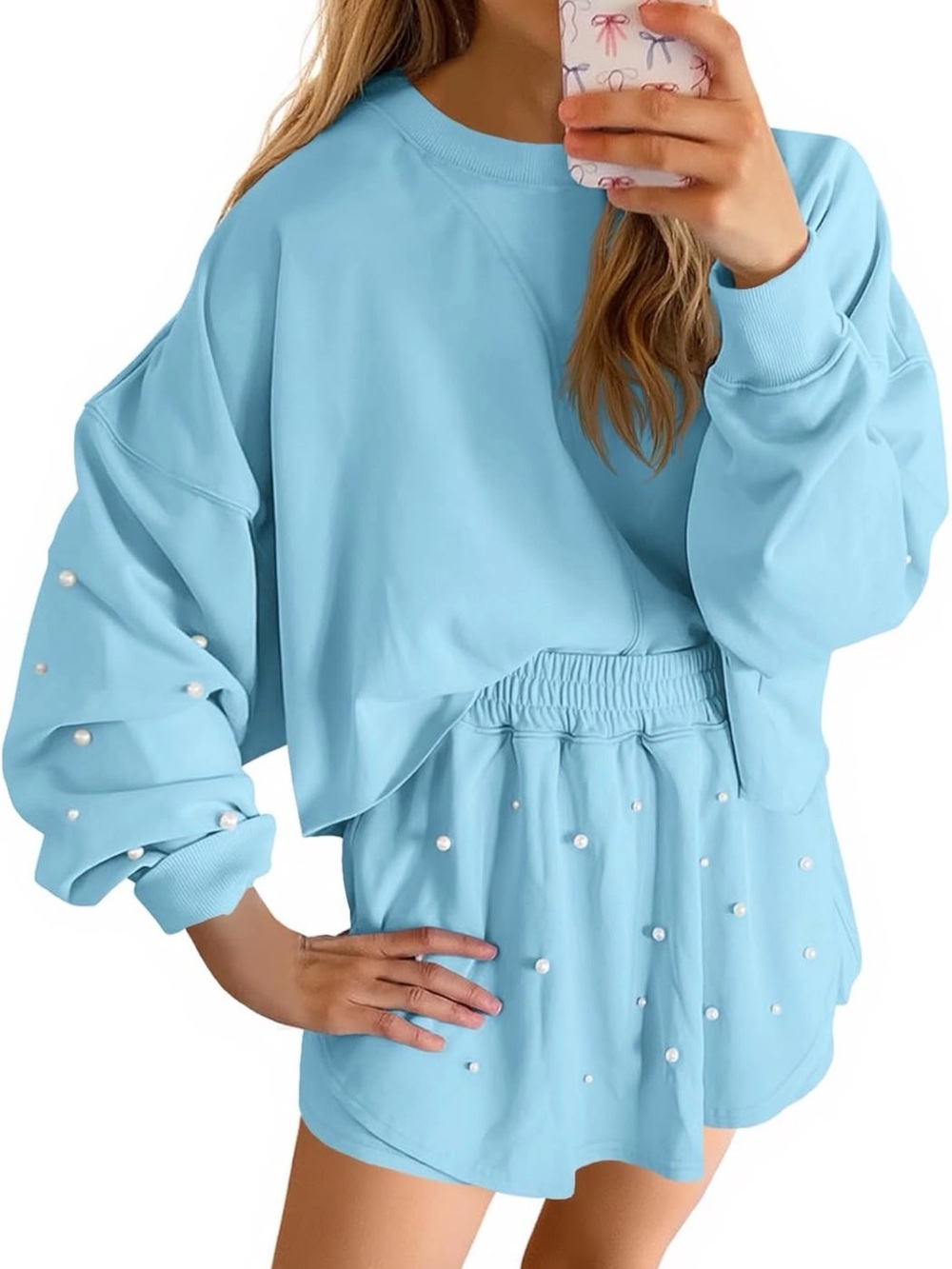 Pearl-Embellished Light Blue Women's Sweatshirt by
